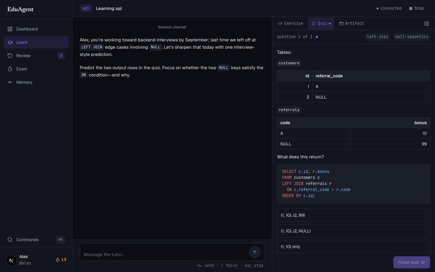 EduAgent tutor room: chat with the tutor beside a code workbench, a memory commit toast in the corner